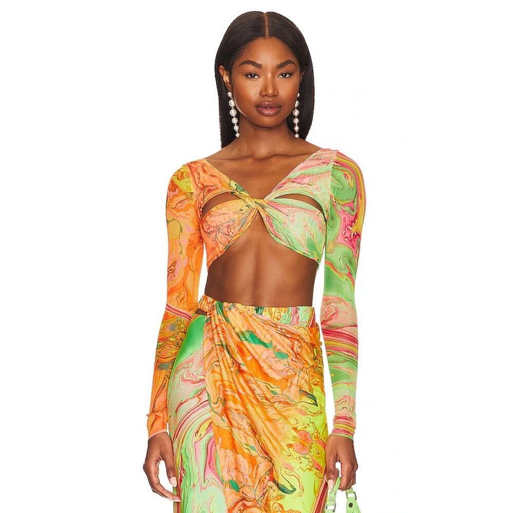 Agua Bendita X Revolve Percy Crop Top Sz Small Nwt Tie Dye Marble Mesh Resort